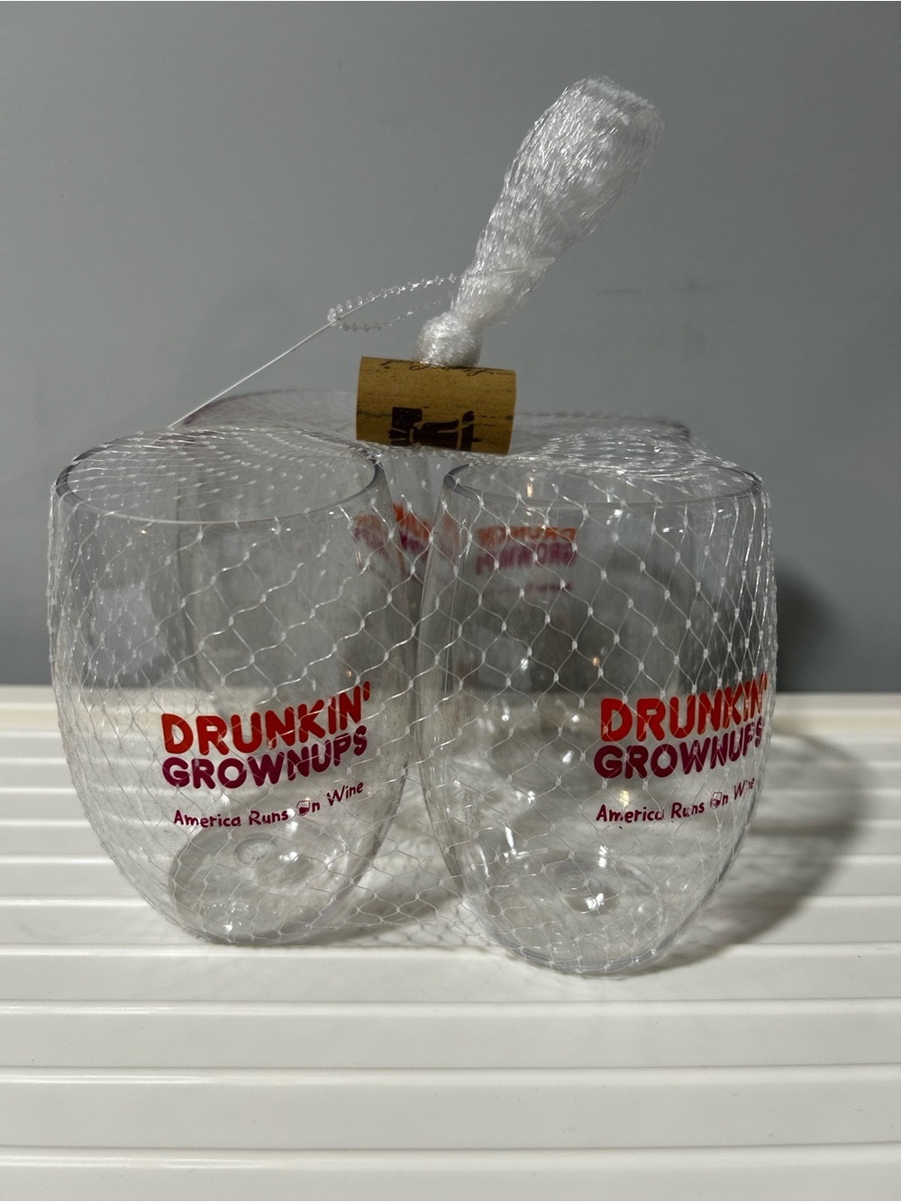 NWT Drunkin’ Grownups Clear Shatterproof Stemless Plastic Wine Glasses